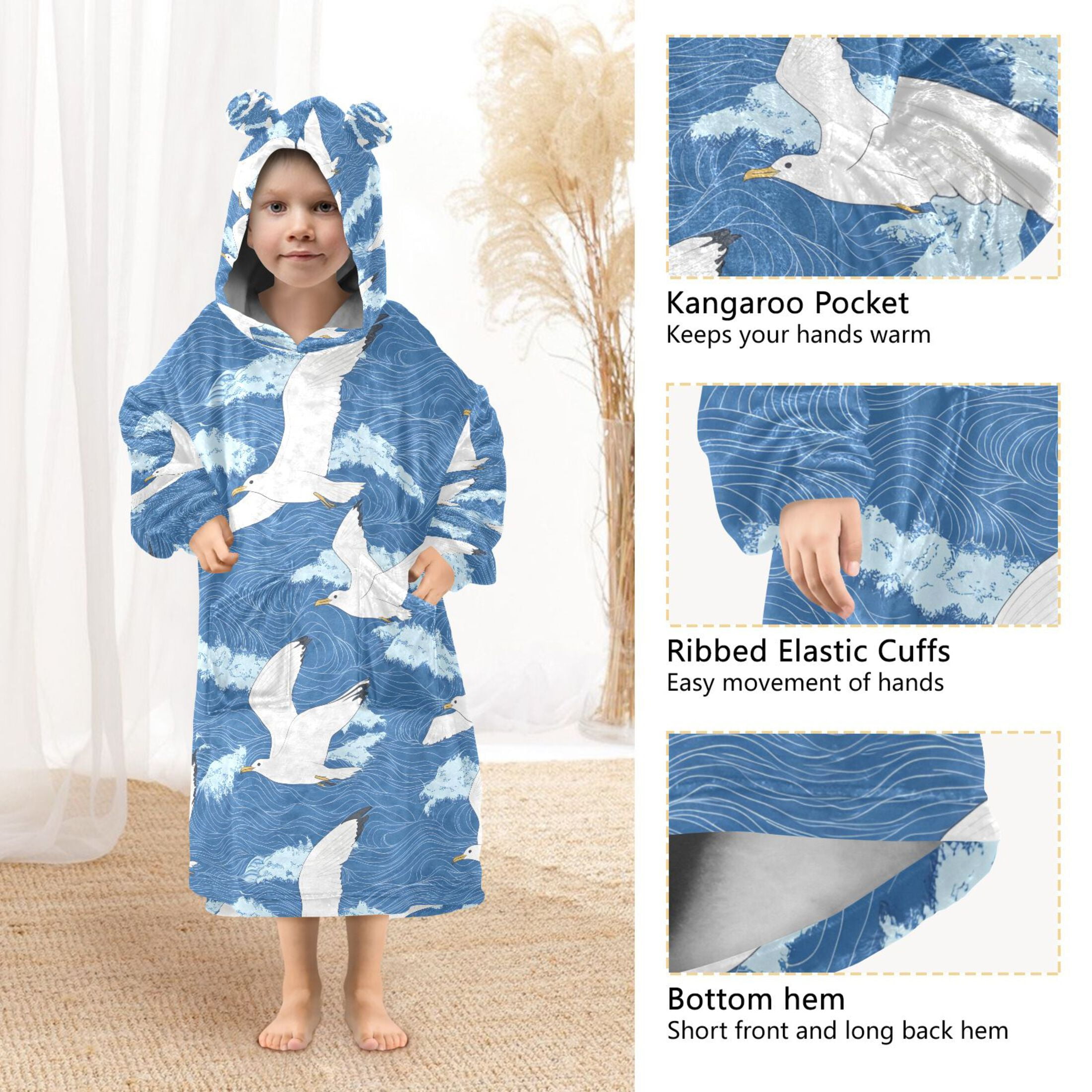 joogoo Blanket Hoodie for Seagulls Wavy Oversize Sweatshirt 3-14 YR L