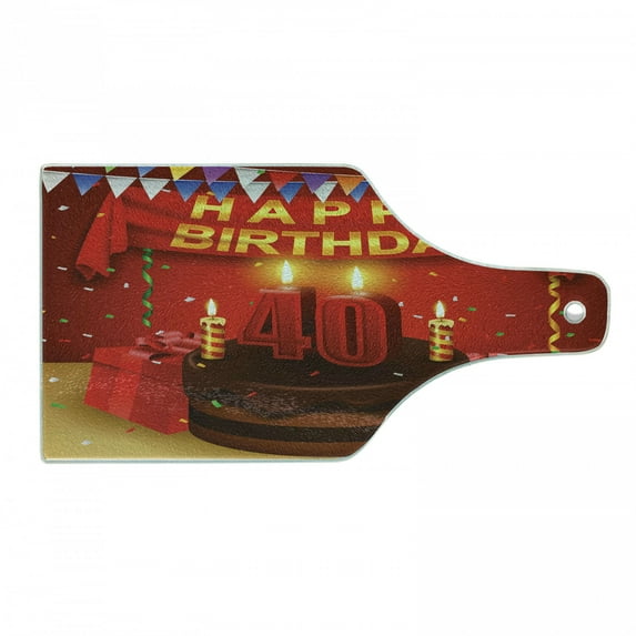 40th Birthday Cutting Board, Party Set up with the Flags Chocolate Cake Ribbons and Rain Print, Decorative Tempered Glass Cutting and Serving Board, Wine Bottle Shape, Multicolor, by Ambesonne