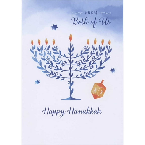 Designer Greetings Blue Vines Menorah, Orange Dreidel and Small Blue Stars Hanukkah Card from Both of Us