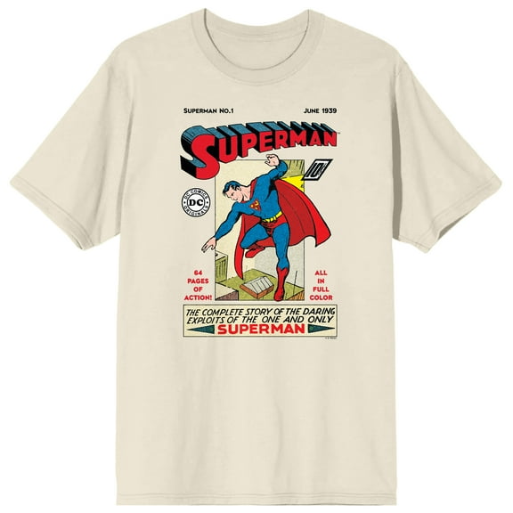 Superman 90th Anniversary DC Retro Comic Cover Art Crew Neck Short Sleeve Men's Natural T-shirt-Medium