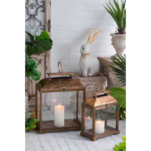 S/2 Brown Wooden Lanterns with Clear Glass Panels and Gold Metal Dome Accents