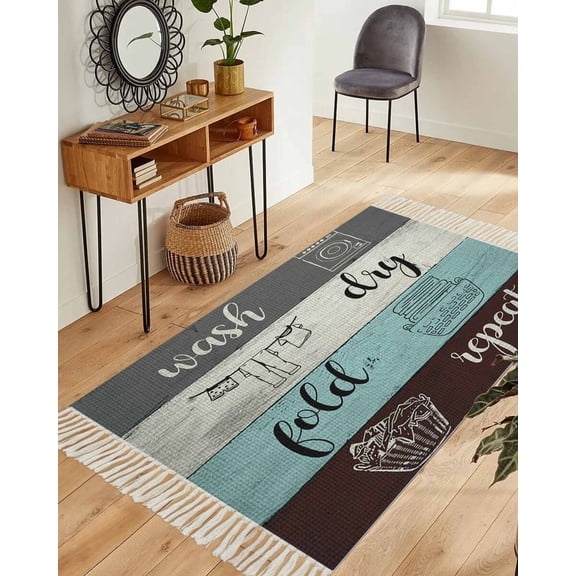 Laundry Room Washable Area Rug 3'x5',Wash Dry Fold Repeat Splicing Colorful Wood Woven Cotton Tassels Kitchen Rugs,Non Slip Indoor Door Mat Throw Carpet for Entryway Living Room Nursery Laundry Room