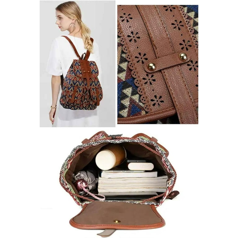 Hippie Canvas Women Backpack Purse Boho Style Ethnic Drawstring Causal Double Shoulder Vintage Travel Daypack Landscape