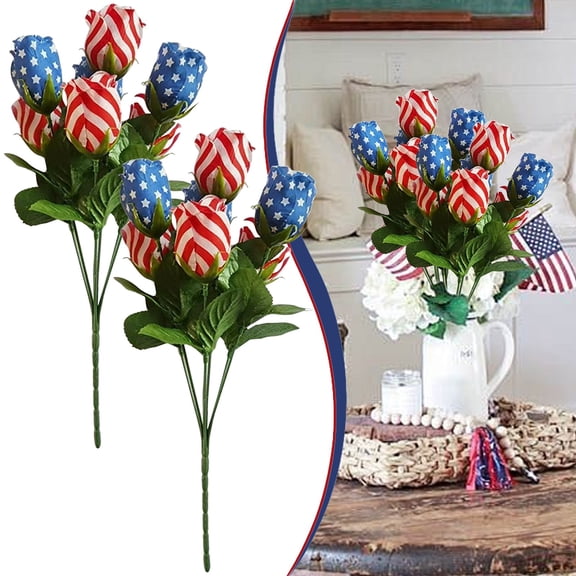 Patriotic Flowers 4th of July Artificial Flower Red White and Blue American Flag Themed Rose Bouquet Patriotic Stars & Stripes Roses Independence Day Memorial Day Home Decoration Supplies 2 Pack
