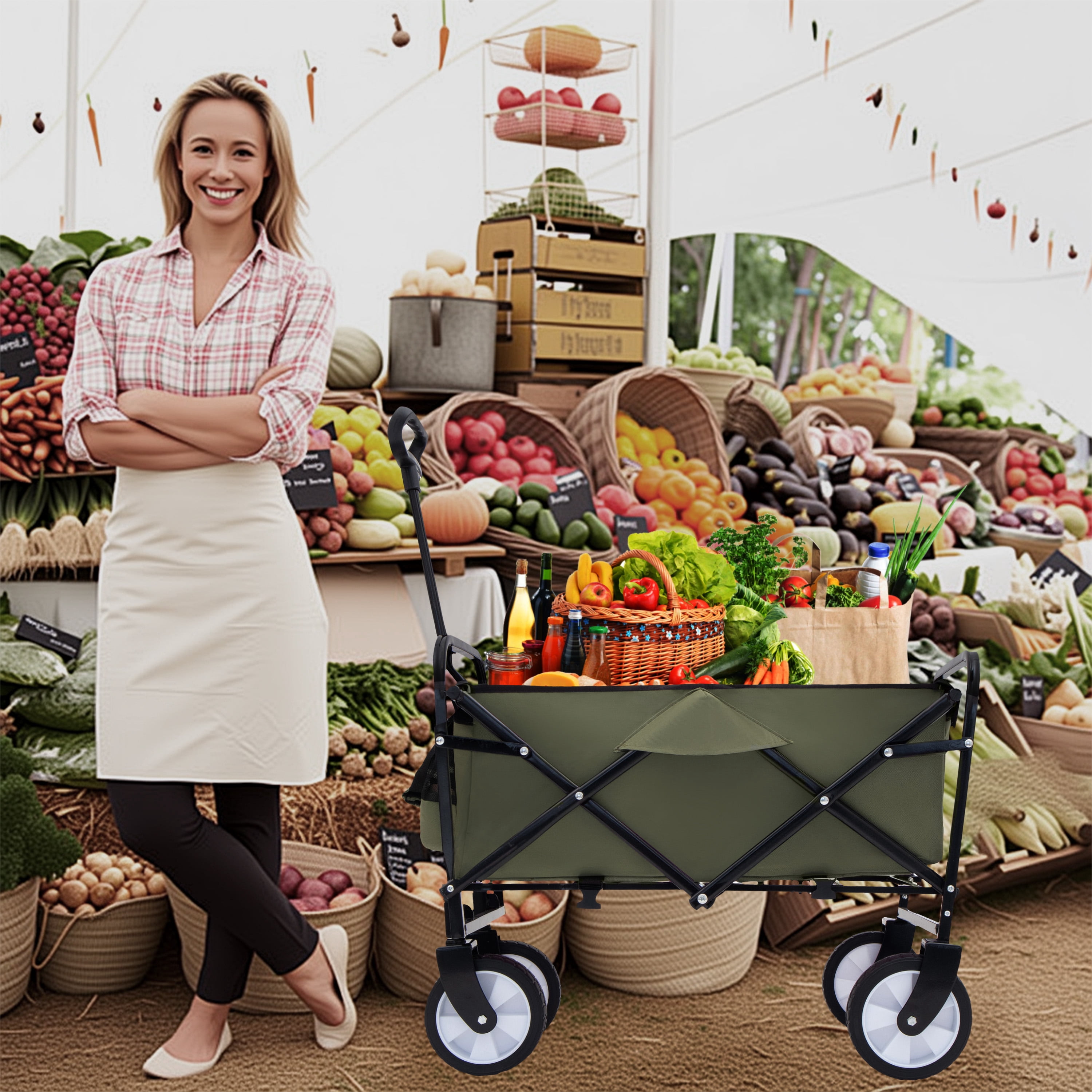 Yoneston 225LBS Collapsible Wagon Cart, Portable Heavy Duty Utility Wagon with 3pcs Plastic Liner Cover Bag for Camping, Picinc, Shopping, Beach, Grocery Transport, Green