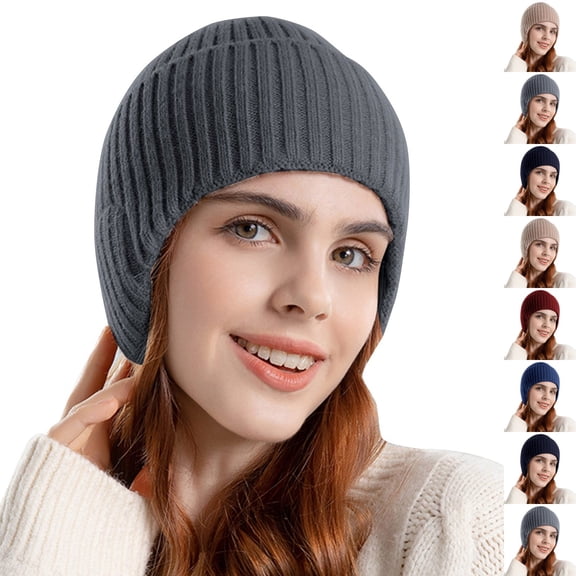 Resicozy Women Warm Baseball Beanie Hat with Earflap Winter Knitted Caps Thicken Plush Lined Skull Ski Hat Dark Gray