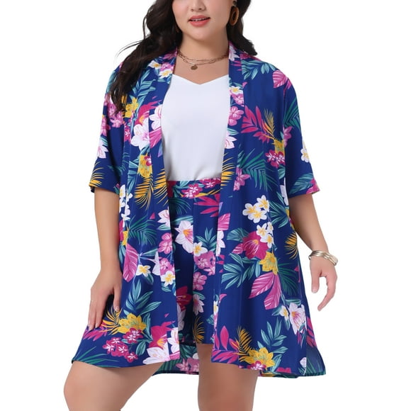 GRACE & GRANDEUR Women's Plus Size 2 Piece Floral Cardigan Tropical Print Summer Casual Kimono Tops and Shorts Outfit Sets 4X Dark Blue