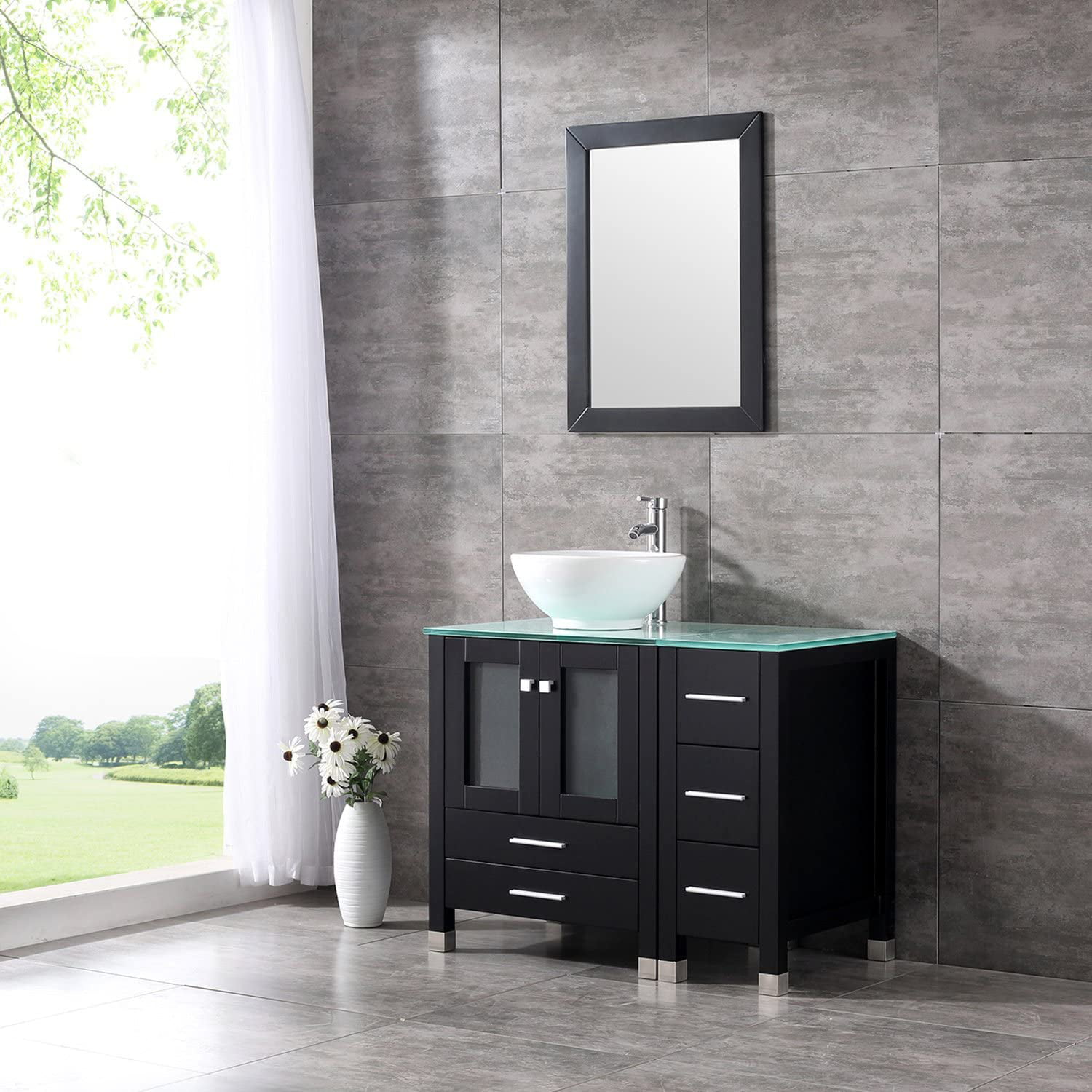 Wonline 36” Modern Wood Bathroom Vanity Cabinet White Round Ceramic