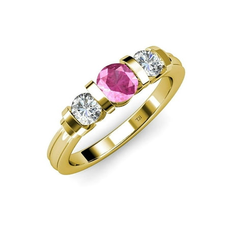 

Pink Sapphire and Diamond (SI2-I1 G-H) Bar Set Three Stone Ring 1.13 ct tw in 14K Yellow Gold.size 8.0