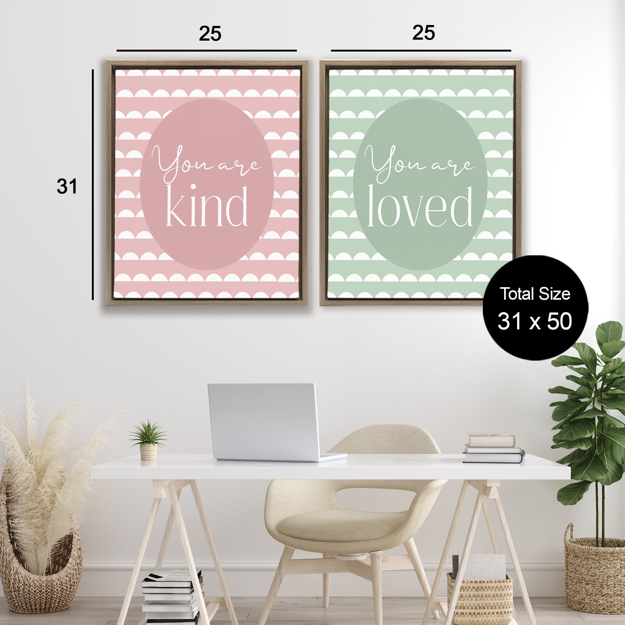 Stupell Industries Pastel Kind & Loved 2 Piece Brown Framed Floater Canvas Set, design by Christine Simpson Art