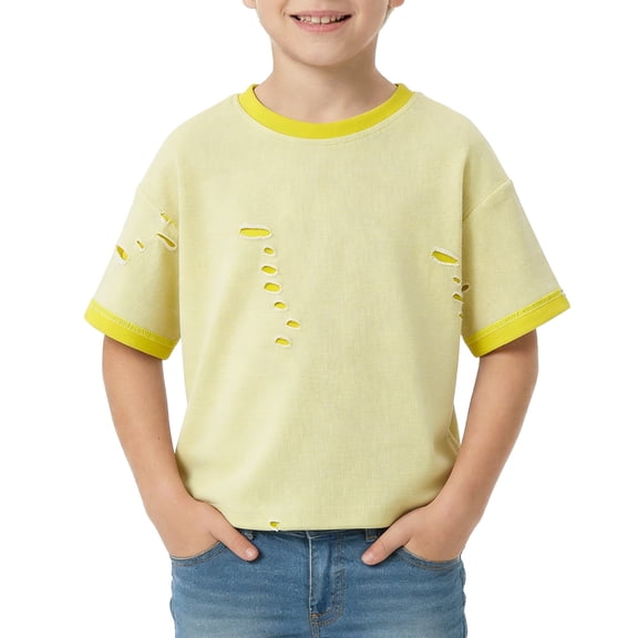 Krdevn Kids Distressed Short Sleeve T-Shirt Casual Crew Neck Cotton Tee (2-12 Years)