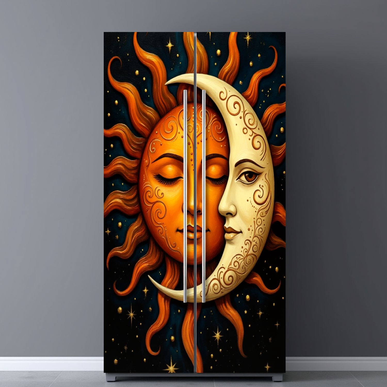 Self Adhesive Vinyl Refrigerator Wrap Set Sun Moon Fantasy Vibrant Orange Sun Detailed Crescent Moon Door Mural Removable Fridge Sticker Peel and Stick&nbsp;Full Door Cover Decal Kitchen Bar Decor