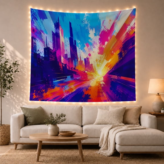Abstract Urban Cityscape with Radiant Light Burst, Energetic Digital Art for Modern Art Lovers, Vibrant Wall Decor, Housewarming Gift, Tapestry Wall Hanging for Living Room and Bedroom