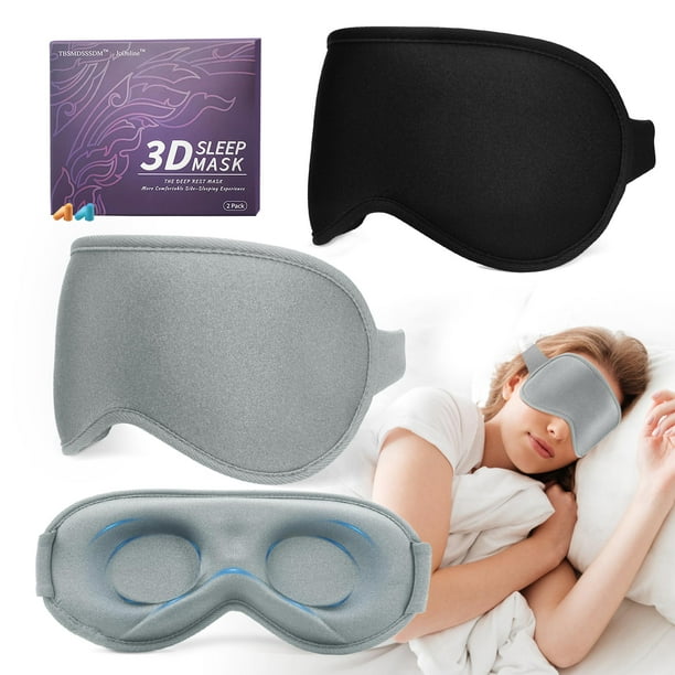 Antifaz 3D para Dormir para Hombres y Mujeres (Paquete de 2), Máscara de Ojos con Bloqueo Total de Luz, Máscara para Dormir de Lado, Espuma con Memoria Ajustable y Lavable, Negro y Gris Plateado