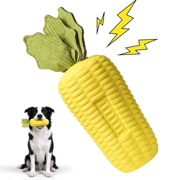 UXVA Squeaky Corn Dog Chew Toy, Tough Natural Rubber Dental Interactive Dog Toy for Aggressive Chewers