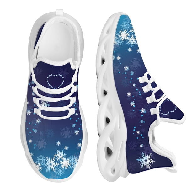 Zapatillas de deporte de malla para mujer con diseño de copos de nieve brillantes, resistentes a los golpes, con plataforma ligera y resistente al desgaste