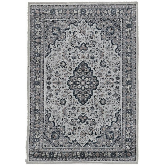 Emerald Barton Black & Cream 5' x 7' area rug with low pile polyester featuring a traditional cream and grey floral pattern, central medallion, detailed border, serged edges, and felt backing with rubber grips, ideal for high-traffic and small spaces.