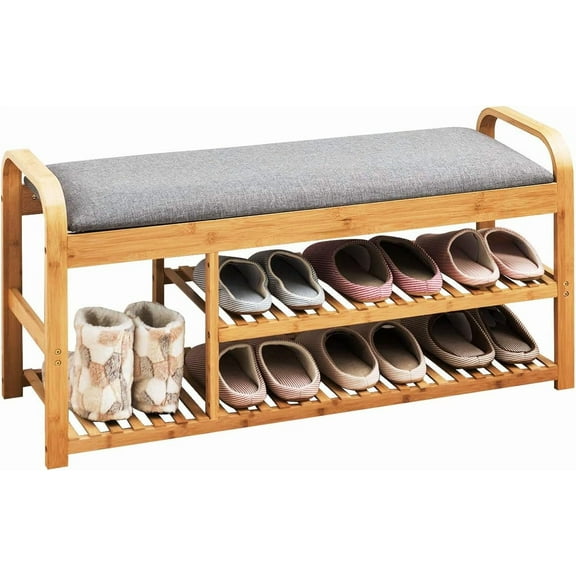 CZMJY Bamboo Entryway Shoe Bench, 3 Tier Sturdy Shoe Rack with Flip Top Storage Space and Padded Cushion, Compact Shoes Organizer Holds up to 330lbs for Hallway, Bedroom, Living Room (3 Tier)