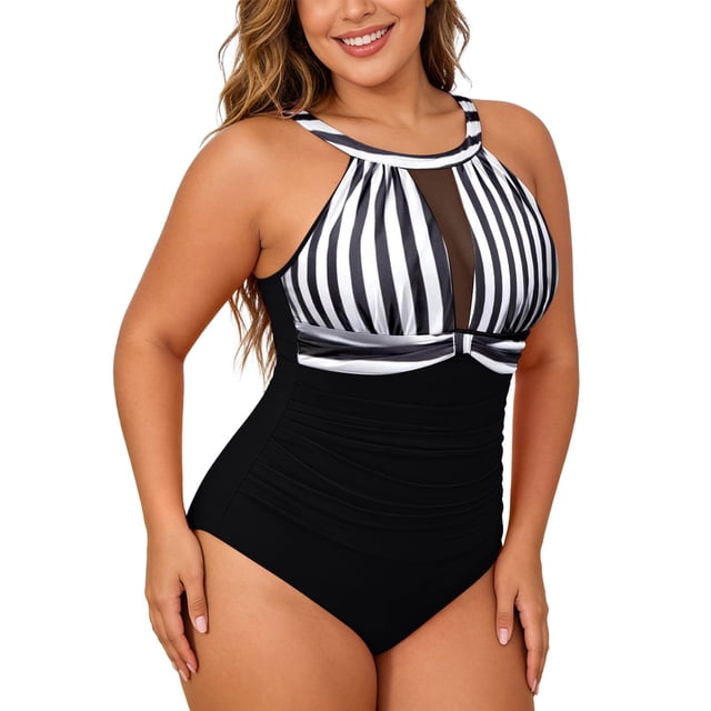 QHFBli Plus Size Swimsuit Women One Piece Swimsuit Tummy Control High Neck Bathing Suit Ruched Swimwear
