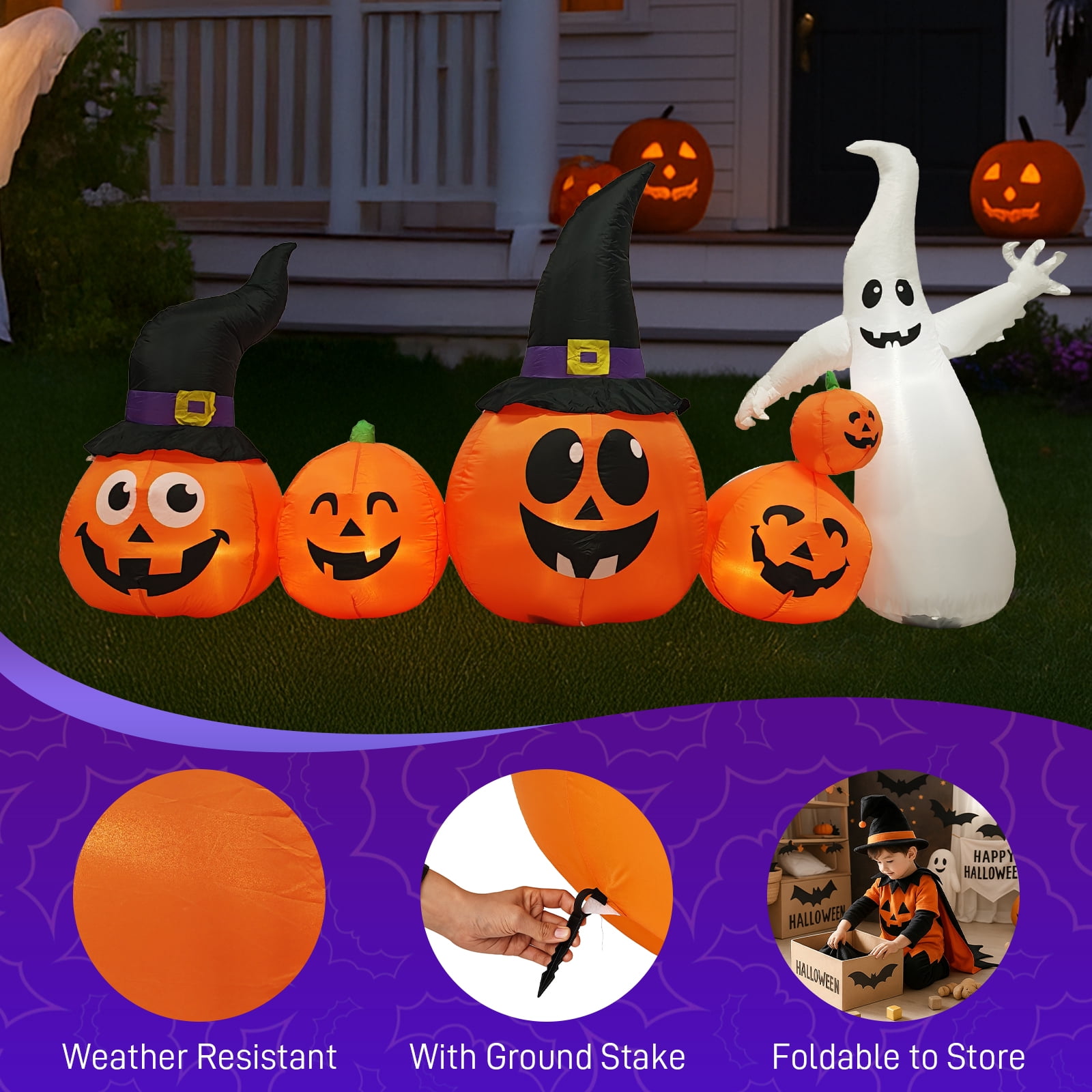 Astoutdoor 8 ft Long Halloween Inflatable Pumpkins and Ghost Outdoor Decoration with Built-in LED Lights
