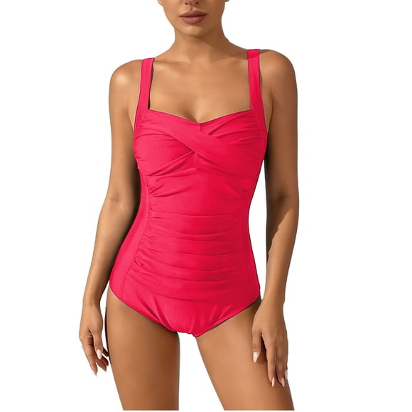 VSSSJ Women's One Piece Swimsuit Ruched Tummy Control Bathing Suits Slimming Cross Wrap Retro Swim Suit Vintage Push Up Swimwear Red S