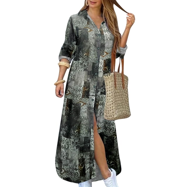 MAWCLOS Robes Maxi pour Femmes Robe Chemise à Imprimé Floral Kaftan à Revers Manches Longues 8998 Gris 3TG