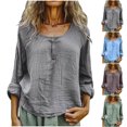 thumbnail image 1 of Pantalones deportivos de pierna ancha,Camiseta de mezcla de lino para mujer, cuello redondo con botones delanteros, manga larga, corte regular para uso diario, sopatenor, 1 of 9