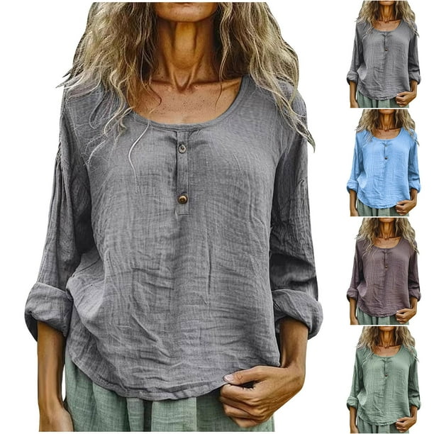 Tops deportivos,Camiseta de mezcla de lino para mujer, cuello redondo con botones delanteros, manga larga, corte regular para uso diario, sopatenor