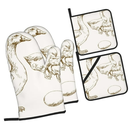 

Honeii Hand Drawn Goose Pattern Oven Mitts and Pot Holders Silicone Oven Gloves 500 F Heat Resistant Oven Mitts Sets 4PCS