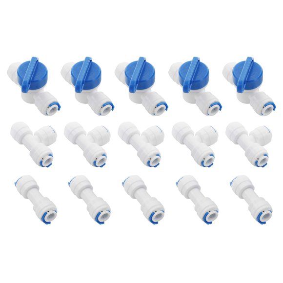 Pxyelec 15 Pcs Raccords de Tube de Purificateurs d'Eau 1/4 Pouces pour Système d'Osmose Inverse RO Valve à Bille+type I+T
