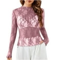 thumbnail image 1 of Womens Lace Long Sleeve Mesh Tops Mock Neck Sheer Blouse Sexy See Through Floral Layering Tee Shirt, 1 of 6