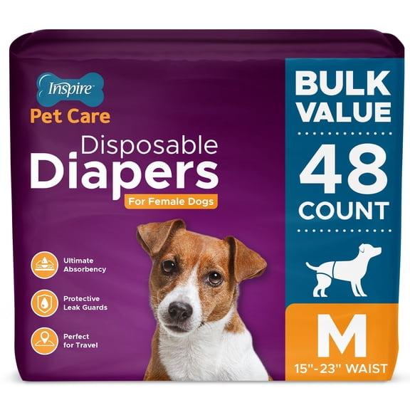 Inspire Pet Care Dog Diapers Female | Bulk Value Doggie Diapers for Female Dogs, Incontinence Female Dog Diapers for Heat or Pee Disposable Dog Diapers (Medium (48 Count))