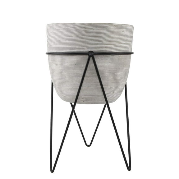 Flora Bunda Mid-Century Modern Concrete 12.5" Tall Grey Cement Planter ON Black Metal Stand Mid Century