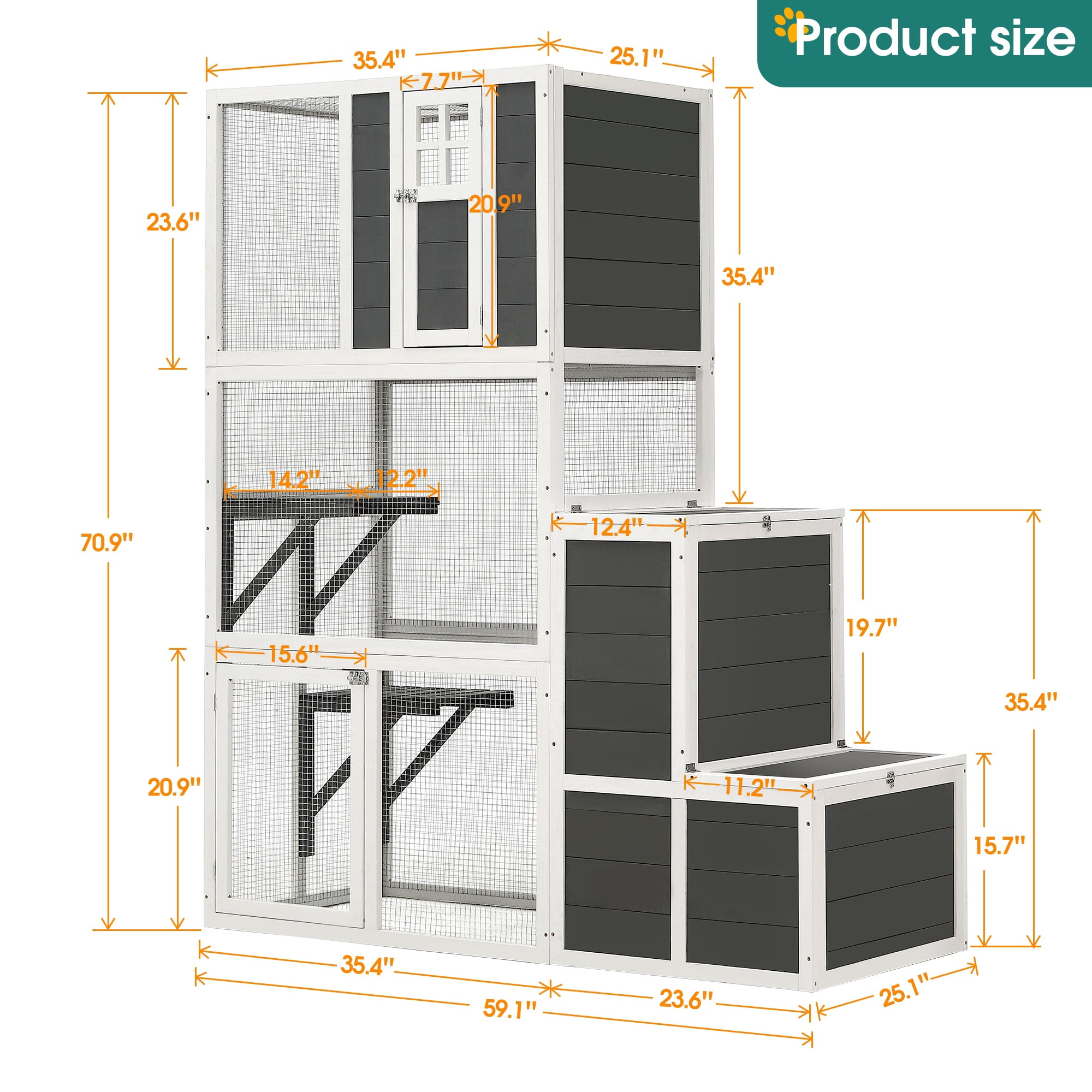 Outdoor Catio Enclosure for Cats Clearance, 3-Tier Wooden Catio Enclosure for 3 Cats, Winter Cat Cage for Indoor with Resting Box, Platforms, Jump Box, 71"H, Gray