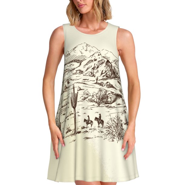 Disketp Wild West Desert With Cowboys para Vestido sin Mangas para Mujeres, Vestidos de Verano para Mujeres, Casual y Holgado para la Playa