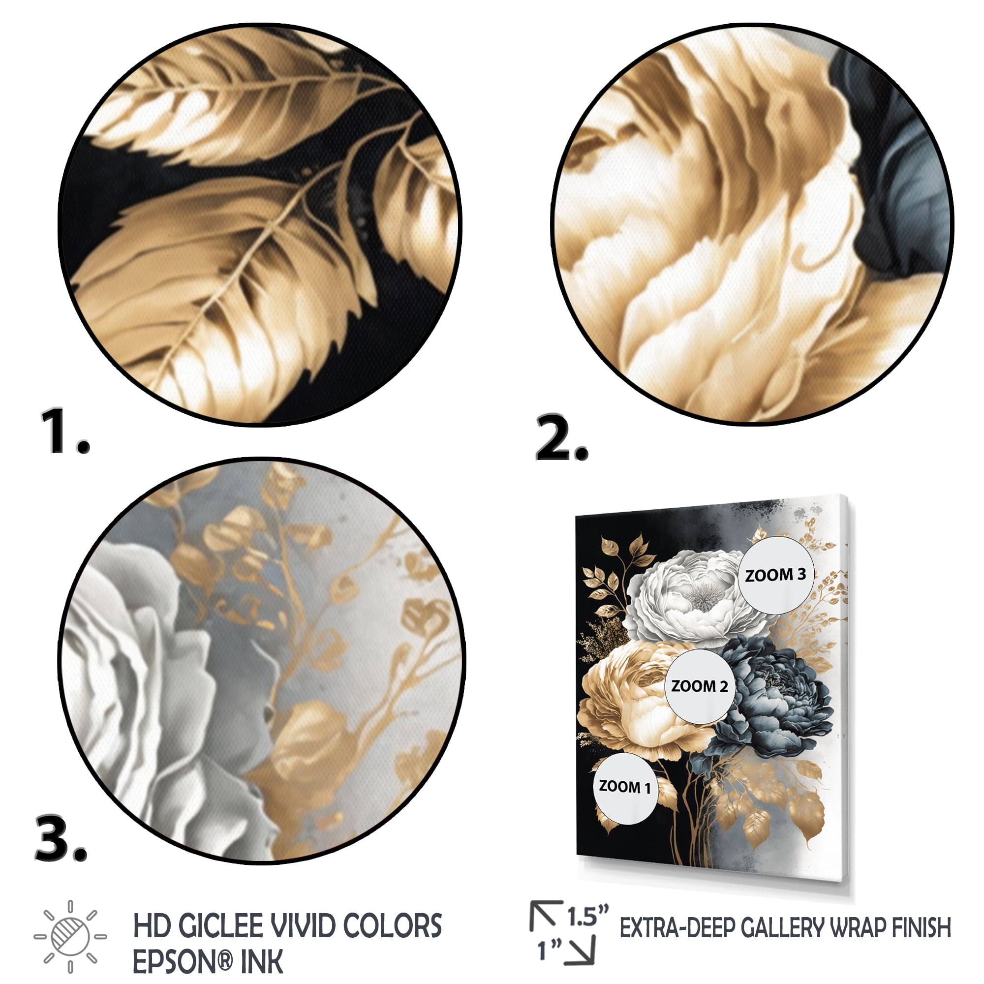 Designart White, Gold And Black Rose Bouquet I Canvas Wall Art