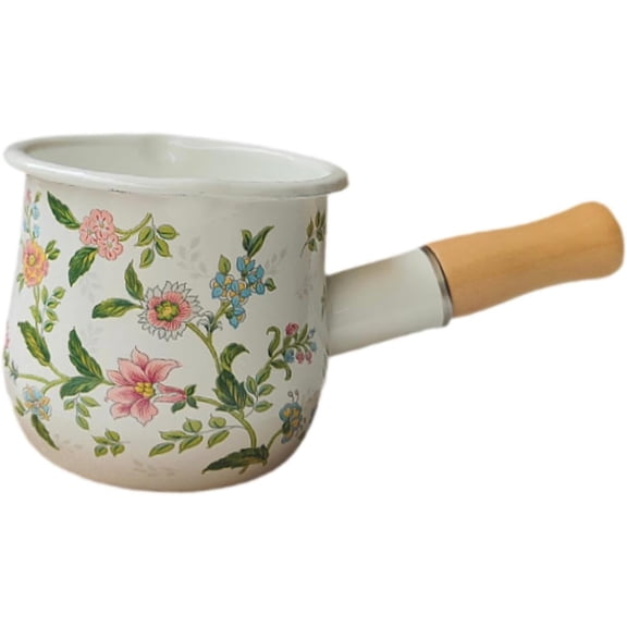 CZQ Mini Enamel Saucepan Easy-Release Milk Pan 9cm Small Sauce Pot with Wooden Handle for Food, Frying, Boiling, Warming, Easy to Clean