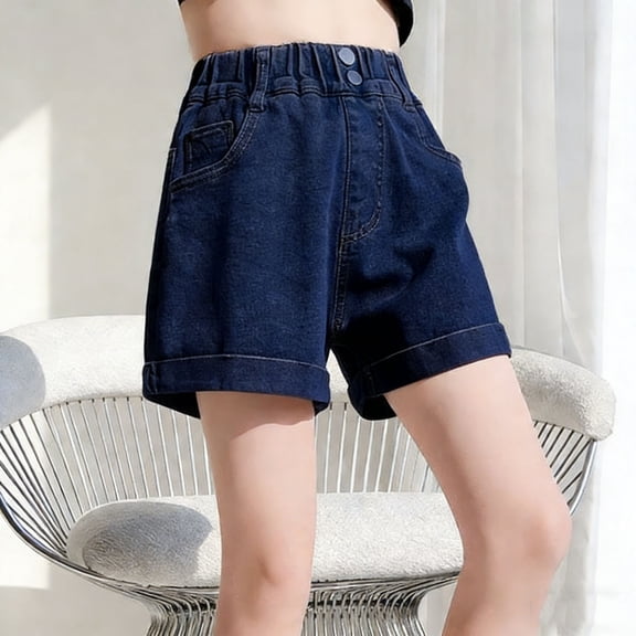 Avrnliq Kids' High Waisted Elastic Waist Denim Shorts, 100% Cotton Roll Cuff Jean Shorts, Navy, Pull On Casual Bottoms for Girls & Kids (Sizes 5Y-16Y),Size 9-10T