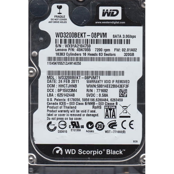 WD3200BEKT-08PVMT1, DCM HHCTJHNB, Western Digital 320GB SATA 2.5 Hard Drive