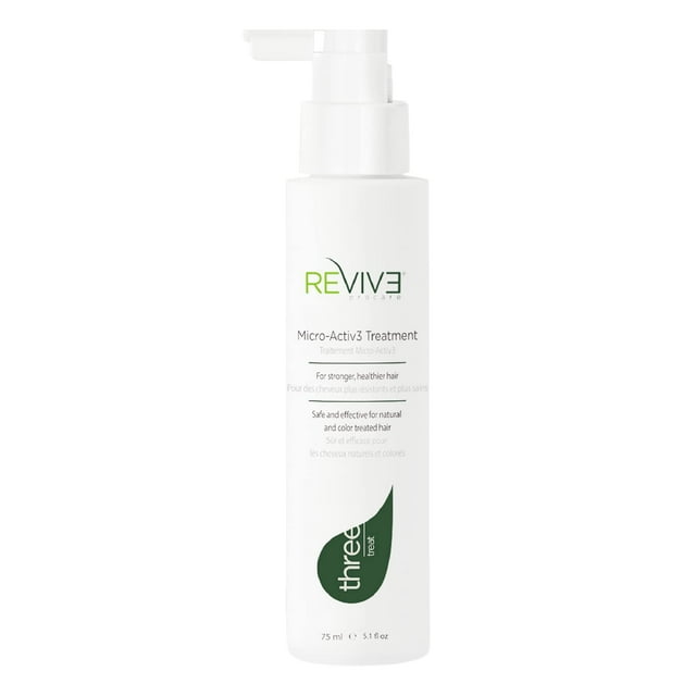 REVIV3 ProCare Treat : Traitement MicroActiv3 en Bouteille Blanche de 75 ml avec Distributeur à Pompe. Conçu pour des Cheveux Naturels Ou Traités Chimiquement, Il Favorise des Cheveux Plus Épais, Plus Fournis et Plus Sains. Présente un Complexe Avancé de Tripeptides, un Complexe Dermique et Respiratoire et un Complexe Active3 pour le Soin du Cuir Chevelu et des Bienfaits Anti-âge. Convient pour Aborder la Perte de Cheveux et Améliorer la Santé du Cuir Chevelu.