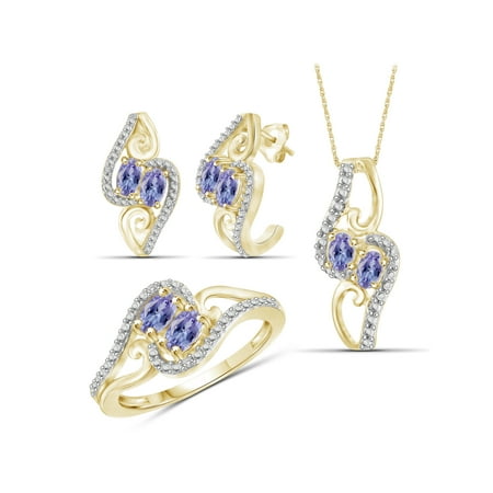 14k Tanzanite Jewelry Set - 2.00 Carat T.G.W. Tanzanite And White Diamond Accent 14k Gold Over Silver 3-Piece Jewelry set