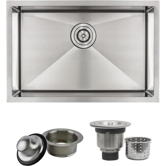 Strictly Sinks 27 Inch Stainless Steel Undermount Kitchen Sink – 16 Gauge Single Bowl Stainless Kitchen Sink with Sound Dampening Rubber Pads,Sink for Kitchen with 1 Strainer Drain & 1 Disposal Drain