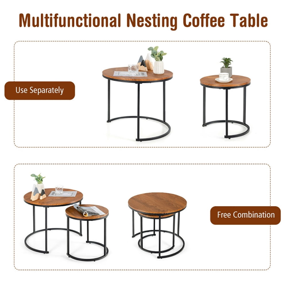 Finihen Round Nesting Coffee Table, Modern Nesting Side Set, Set of 2 Modern Round Stacking Nesting Coffee Tables, for Living Room, Reception Room, Light Brown