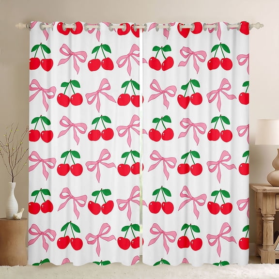 Homewish Kawaii Bow Knot Black Out Curtains,Cartoon Cherry Fruit Curtains Pack of 2 (42x63 Each),Cute Bowtie Ribbon Bedroom Curtains For Girls,Microfiber Bedroom Decor