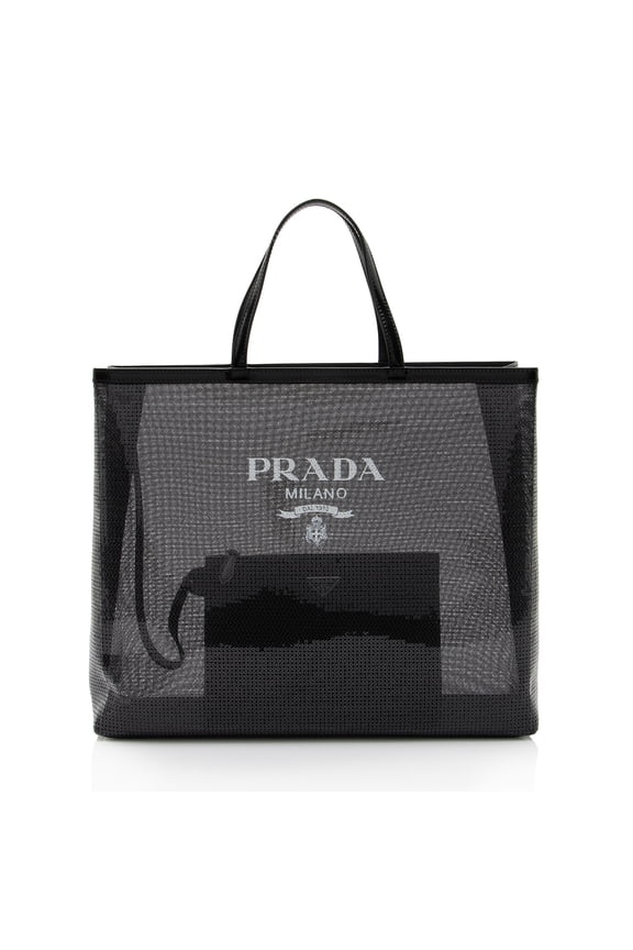Pre-Owned Prada Sequin Mesh Logo Large Tote