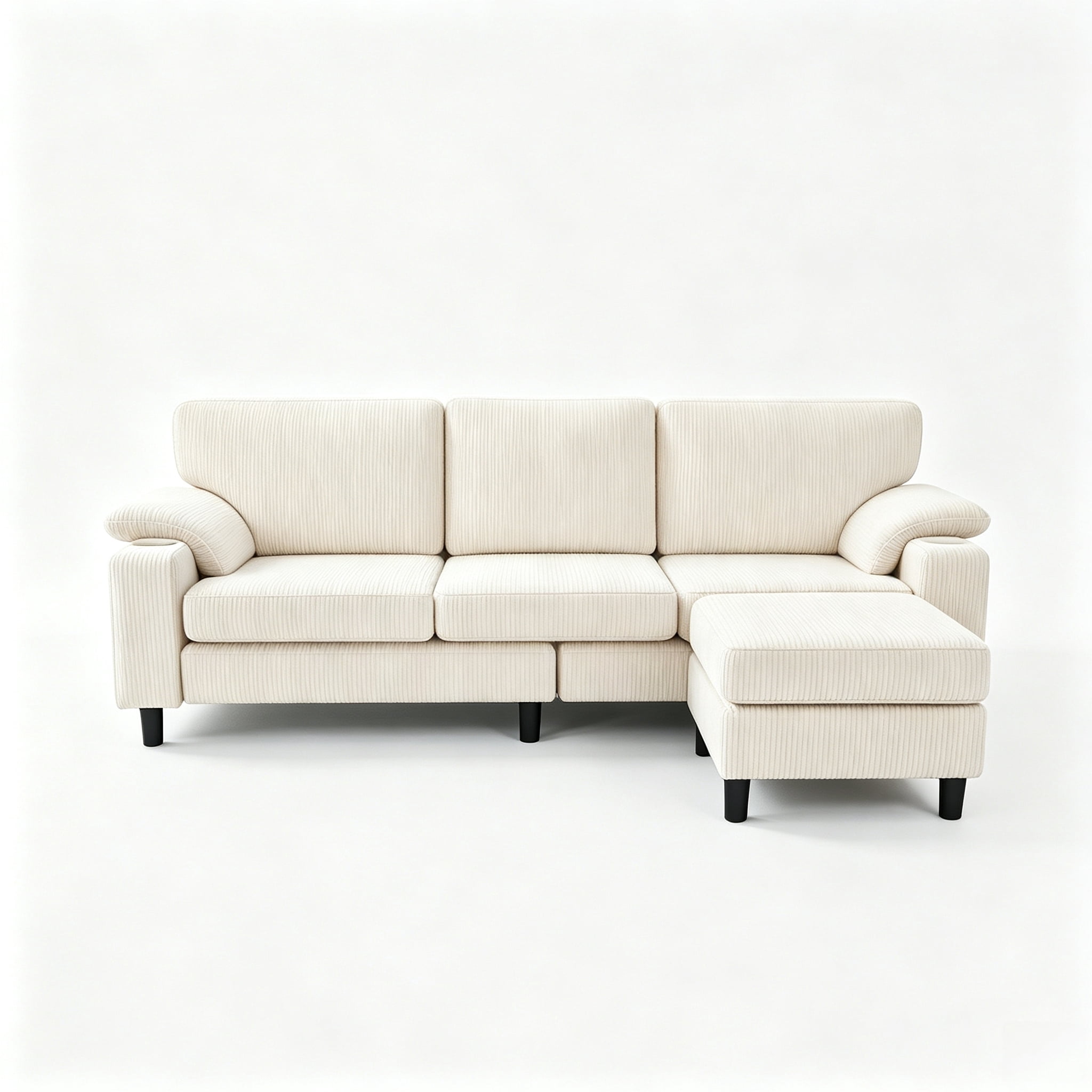 Anpport 80" L‑Shaped Corduroy Sectional Sofa, 3‑Seater Couch with Storage Ottoman, USB Port & Cup Holders for Small Spaces, Beige