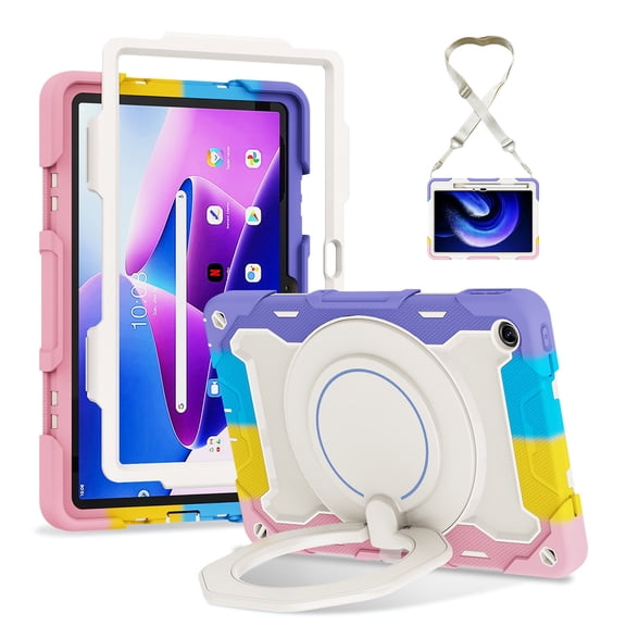 FJLBDE Case for Lenovo Tab M10 Plus 3rd Gen 2022 10.6 Inch with 360 Kickstand, Shoulder Strap Carrying Protective Cover, Multicolor Pink