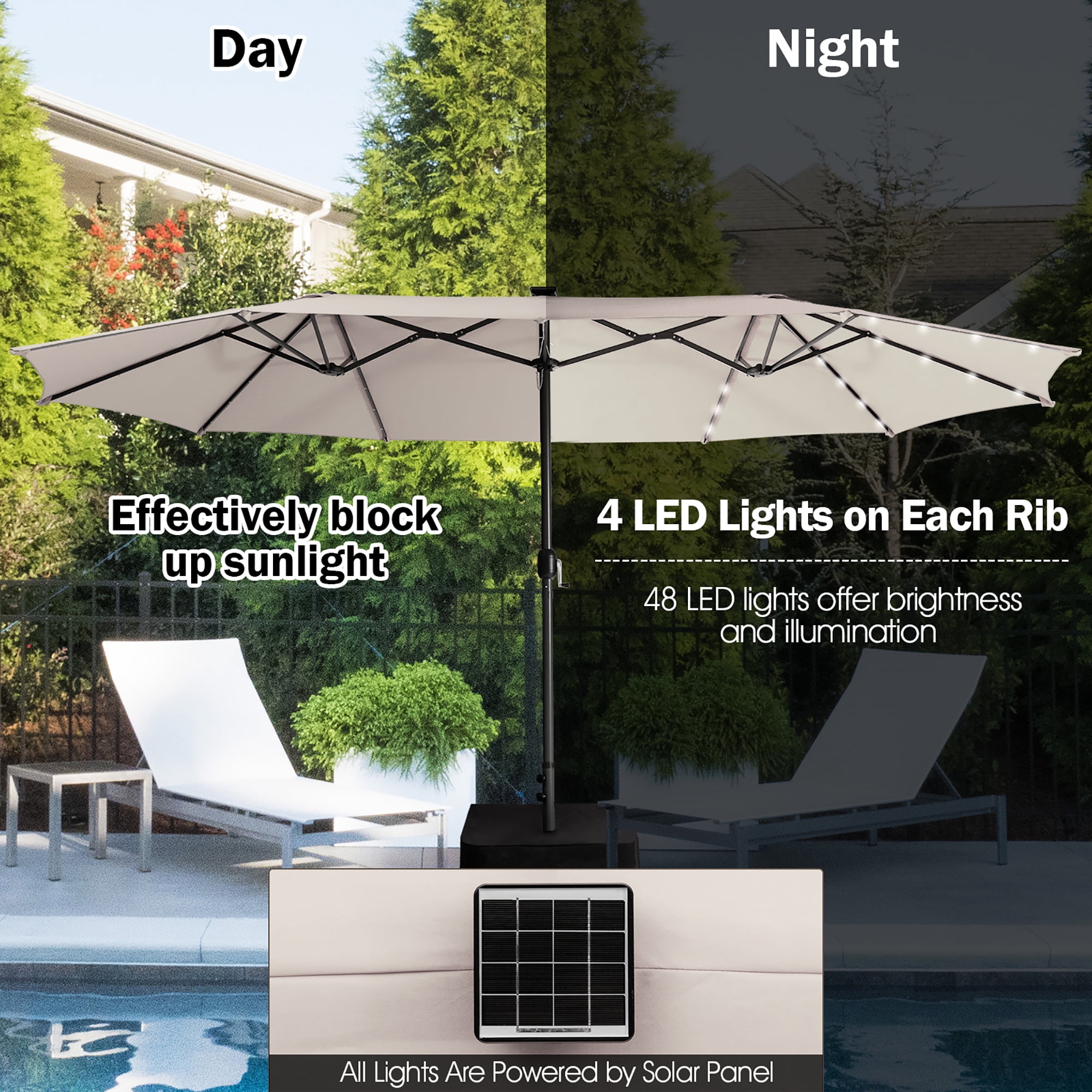 Gymax 15Ft Solar LED Patio Outdoor Double-Sided Umbrella w/ 48 Lights Crank Beige