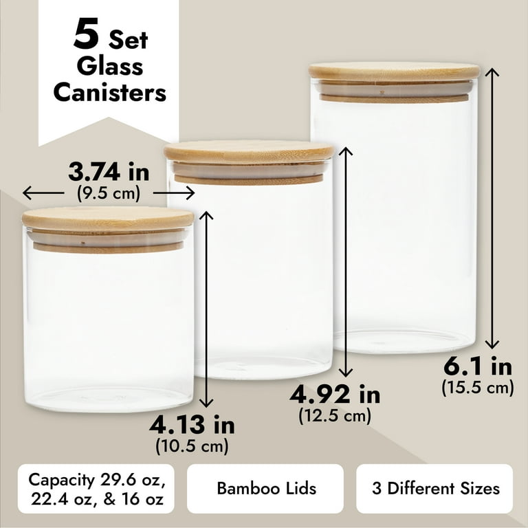 Set of 5 Glass Storage Containers with Bamboo Lids, Airtight Kitchen  Canisters in 5 Sizes