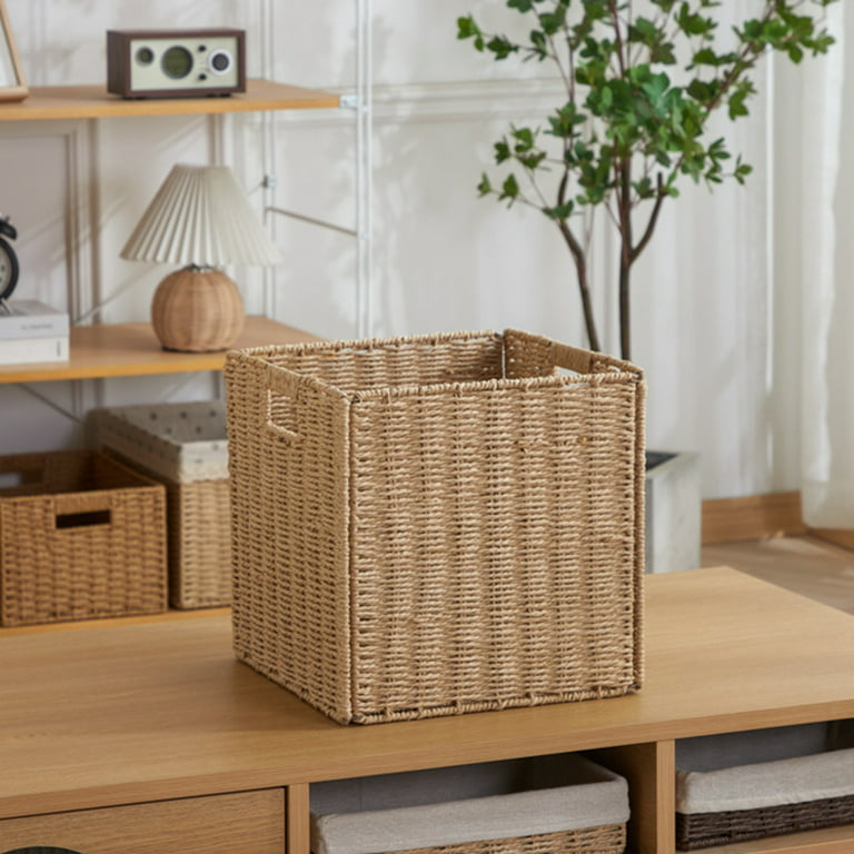 HBlife Wicker Baskets, Set of 3 Hand-Woven Paper Rope Storage Baskets, Foldable Cubby Storage Bins, Large Wicker Storage Basket for Shelves Pantry